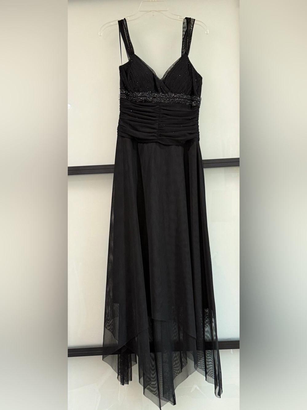 JS Boutique Black Beaded Mesh Handkerchief Formal Dress Size 8